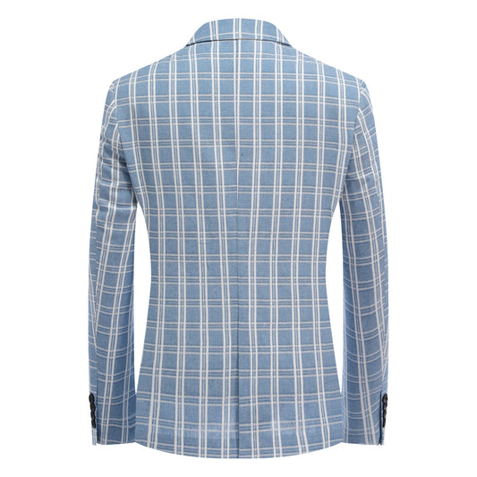Light Blue # Men's one-button light blue and white check plaid blazer, slim fit notch lapel sport coat jacket with classic windowpane pattern, breathable cotton polyester blend for daily business, office, wedding and party wear, isolated on white background.