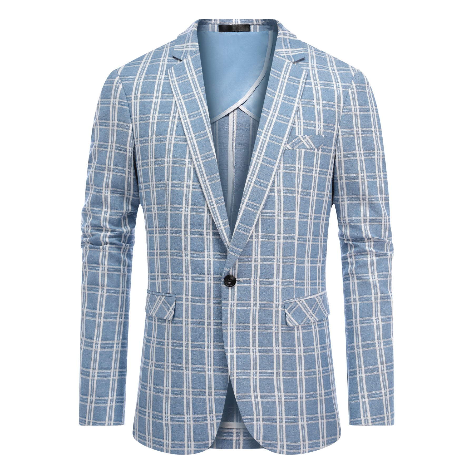 Light Blue # Men's one-button light blue and white check plaid blazer, slim fit notch lapel sport coat jacket with classic windowpane pattern, breathable cotton polyester blend for daily business, office, wedding and party wear, isolated on white background.