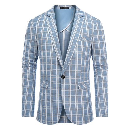 Light Blue # Men's one-button light blue and white check plaid blazer, slim fit notch lapel sport coat jacket with classic windowpane pattern, breathable cotton polyester blend for daily business, office, wedding and party wear, isolated on white background.