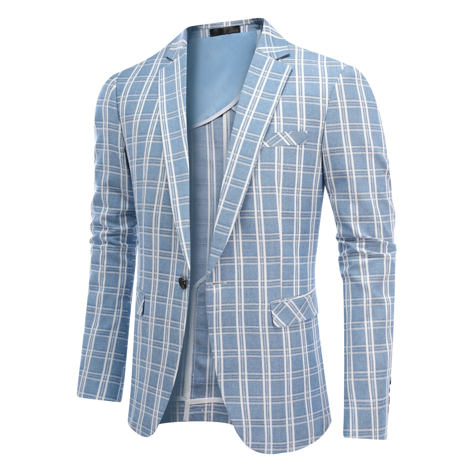 Light Blue # Men's one-button light blue and white check plaid blazer, slim fit notch lapel sport coat jacket with classic windowpane pattern, breathable cotton polyester blend for daily business, office, wedding and party wear, isolated on white background.