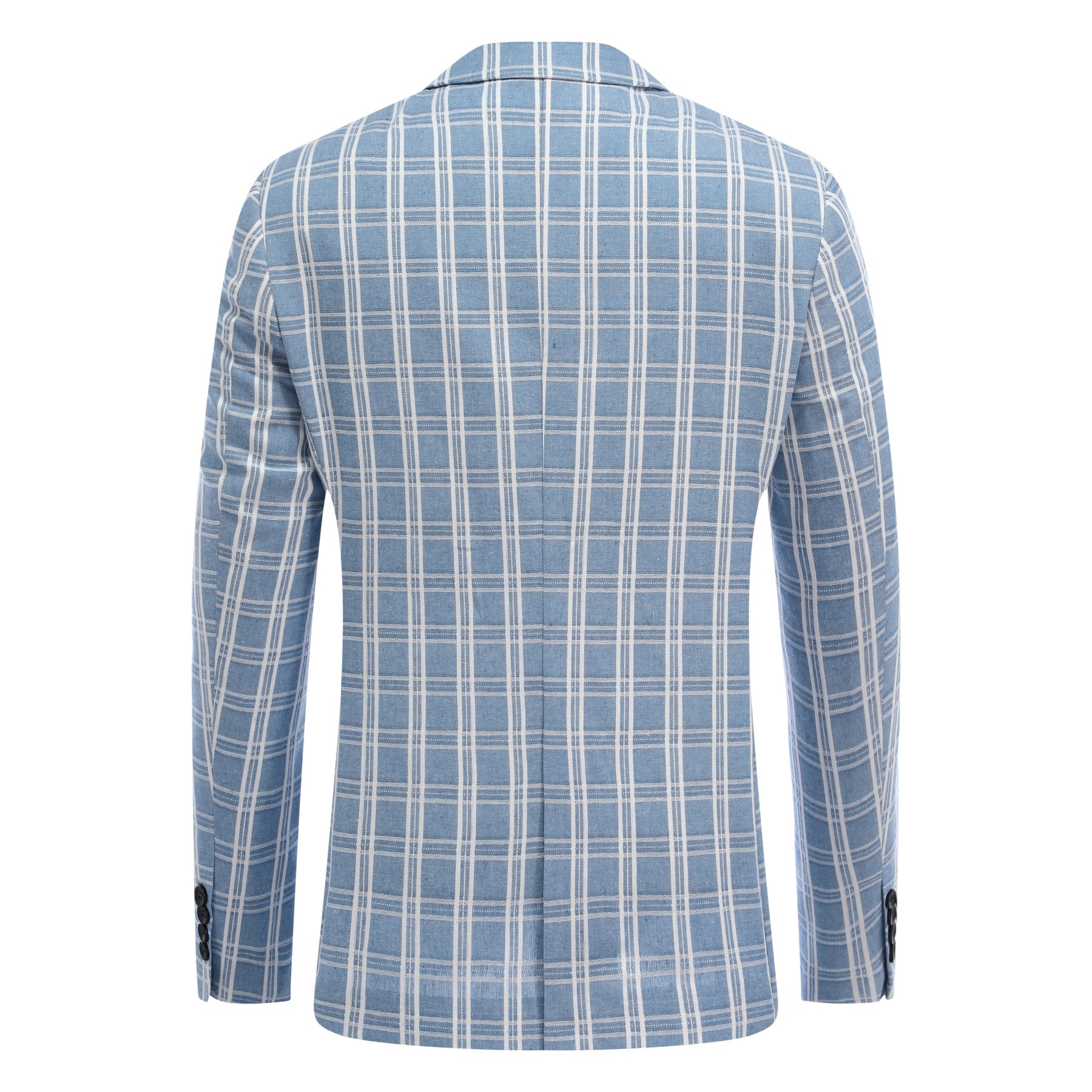 Light Blue # Men's one-button light blue and white check plaid blazer, slim fit notch lapel sport coat jacket with classic windowpane pattern, breathable cotton polyester blend for daily business, office, wedding and party wear, isolated on white background.