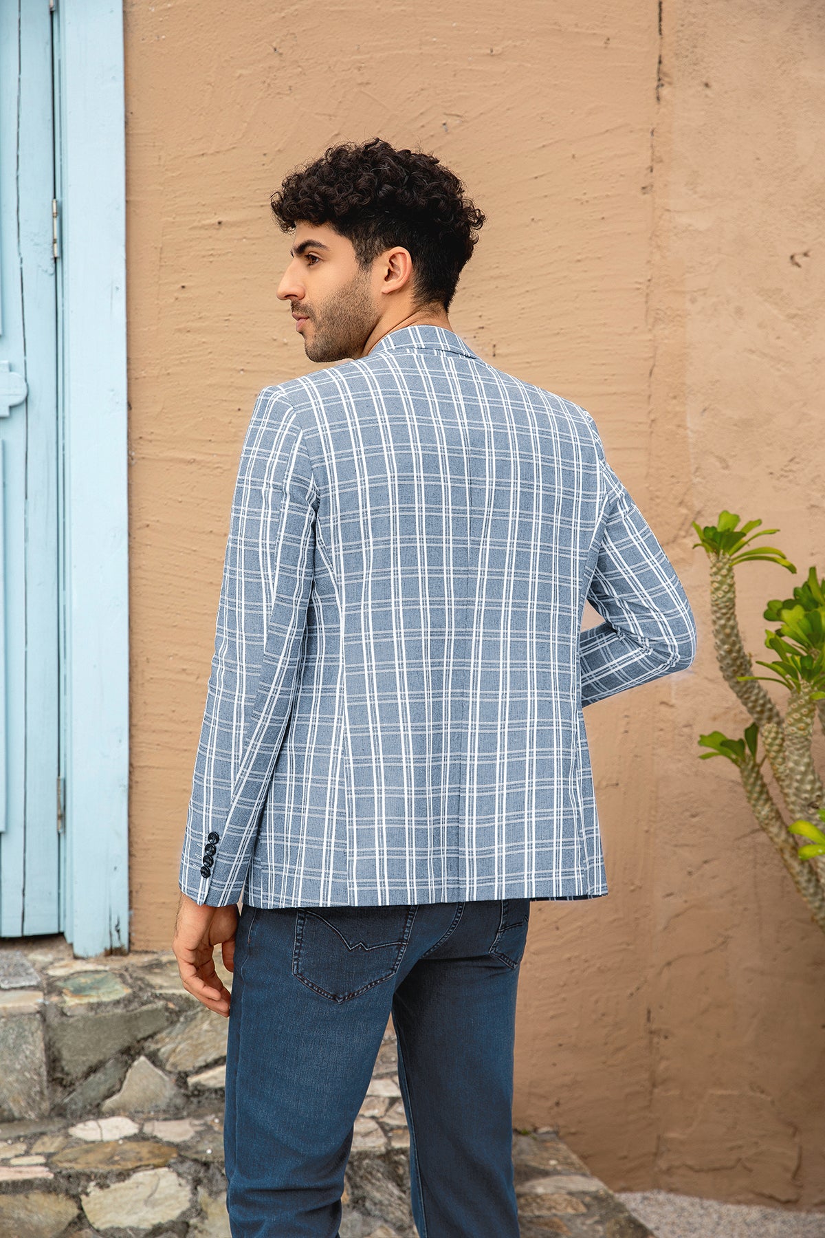 Light Blue # Men's one-button light blue and white check plaid blazer, slim fit notch lapel sport coat jacket with classic windowpane pattern, breathable cotton polyester blend for daily business, office, wedding and party wear, isolated on white background.