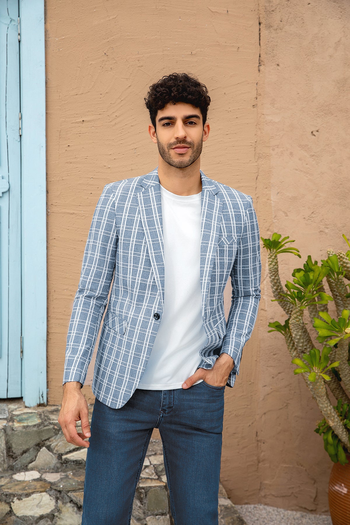 Light Blue # Men's one-button light blue and white check plaid blazer, slim fit notch lapel sport coat jacket with classic windowpane pattern, breathable cotton polyester blend for daily business, office, wedding and party wear, isolated on white background.
