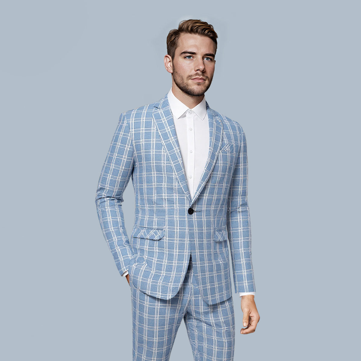 Light Blue # Men's one-button light blue and white check plaid blazer, slim fit notch lapel sport coat jacket with classic windowpane pattern, breathable cotton polyester blend for daily business, office, wedding and party wear, isolated on white background.