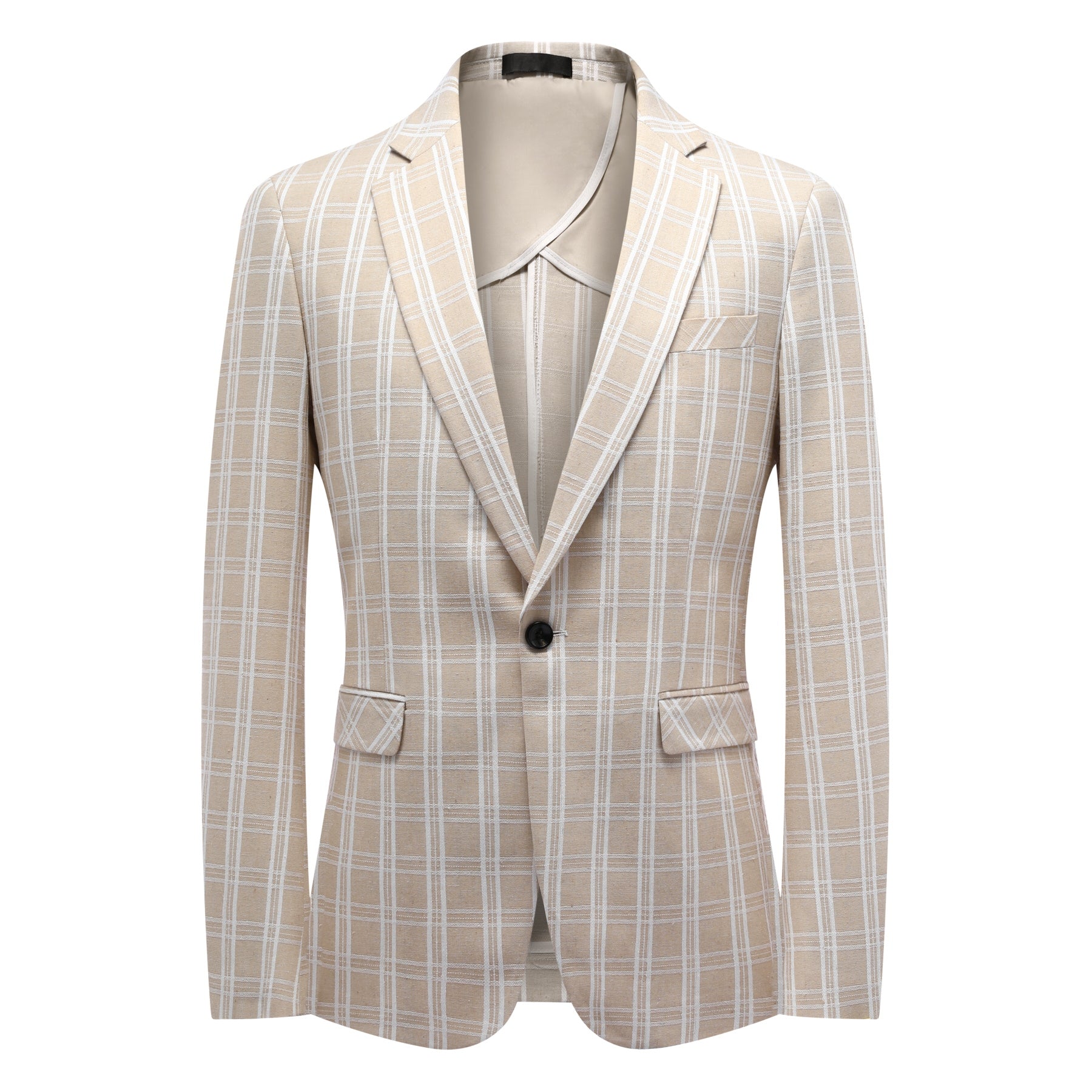 Light Khaki and White Check # Men's one-button plaid blazer with notch lapel and single-breasted closure, light khaki and white checkered sport coat jacket in soft cotton polyester blend for business, wedding, party and daily wear, isolated on white background.
