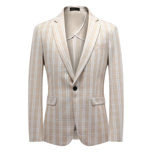 Light Khaki and White Check # Men's one-button plaid blazer with notch lapel and single-breasted closure, light khaki and white checkered sport coat jacket in soft cotton polyester blend for business, wedding, party and daily wear, isolated on white background.