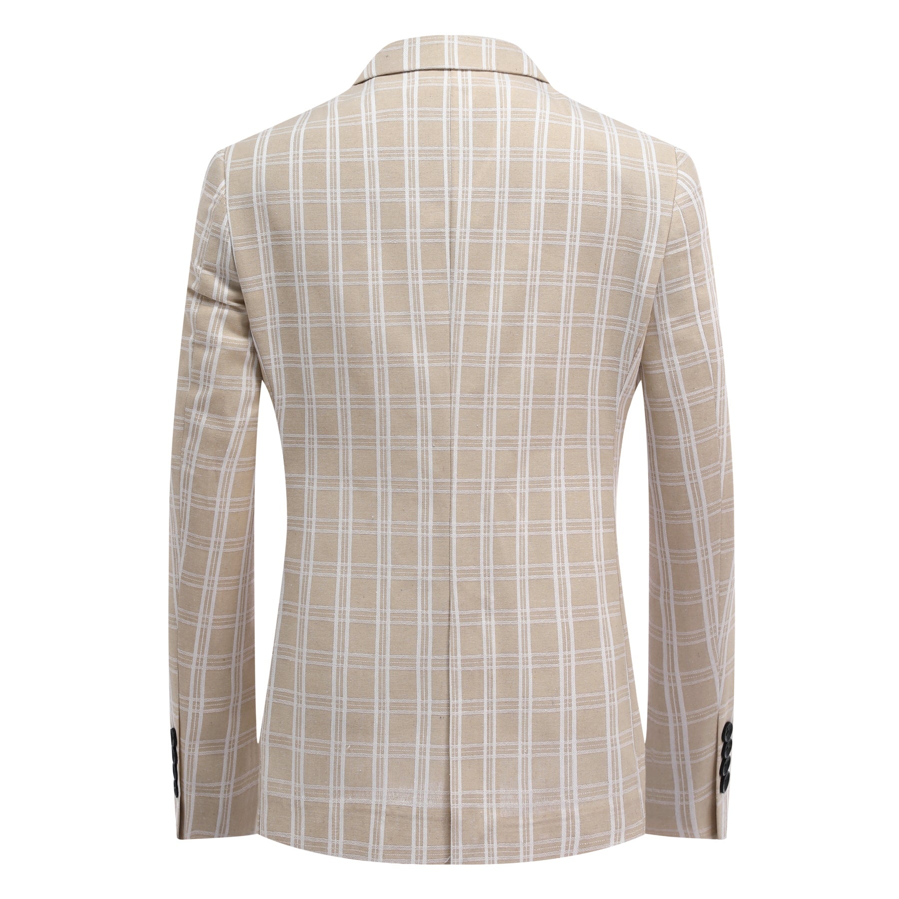 Light Khaki and White Check # Men's one-button plaid blazer with notch lapel and single-breasted closure, light khaki and white checkered sport coat jacket in soft cotton polyester blend for business, wedding, party and daily wear, isolated on white background.