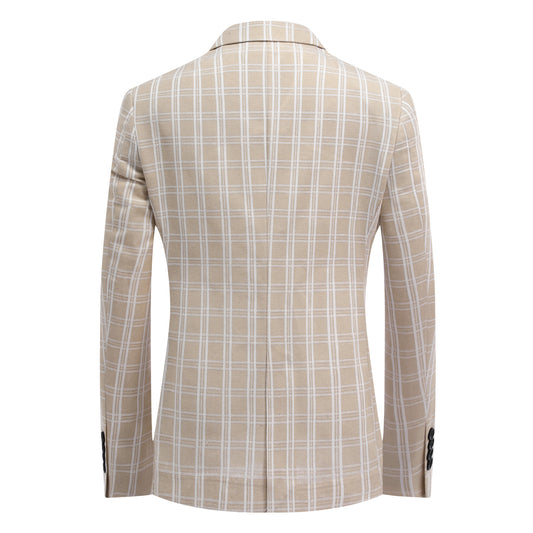 Light Khaki and White Check # Men's one-button plaid blazer with notch lapel and single-breasted closure, light khaki and white checkered sport coat jacket in soft cotton polyester blend for business, wedding, party and daily wear, isolated on white background.
