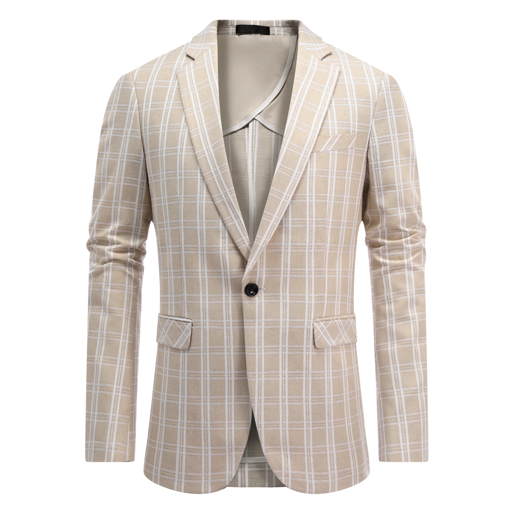 Light Khaki and White Check # Men's one-button plaid blazer with notch lapel and single-breasted closure, light khaki and white checkered sport coat jacket in soft cotton polyester blend for business, wedding, party and daily wear, isolated on white background.