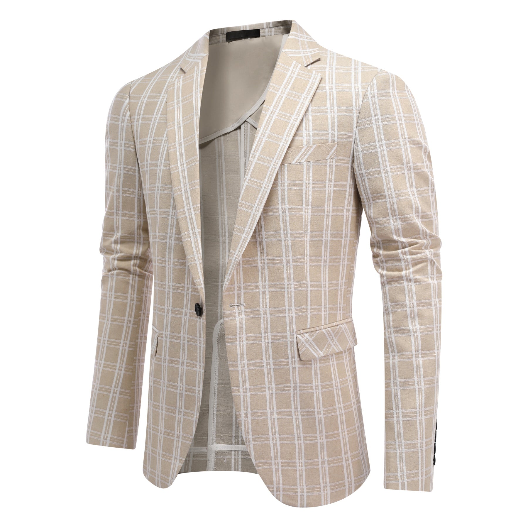 Light Khaki and White Check # Men's one-button plaid blazer with notch lapel and single-breasted closure, light khaki and white checkered sport coat jacket in soft cotton polyester blend for business, wedding, party and daily wear, isolated on white background.