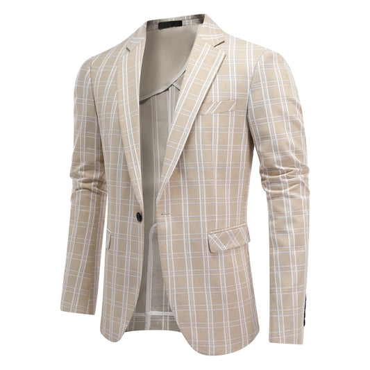 Light Khaki and White Check # Men's one-button plaid blazer with notch lapel and single-breasted closure, light khaki and white checkered sport coat jacket in soft cotton polyester blend for business, wedding, party and daily wear, isolated on white background.