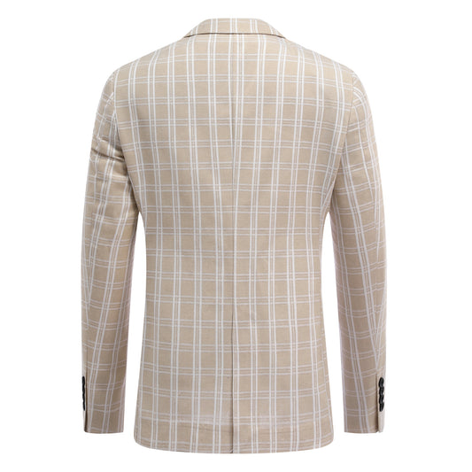 Light Khaki and White Check # Men's one-button plaid blazer with notch lapel and single-breasted closure, light khaki and white checkered sport coat jacket in soft cotton polyester blend for business, wedding, party and daily wear, isolated on white background.