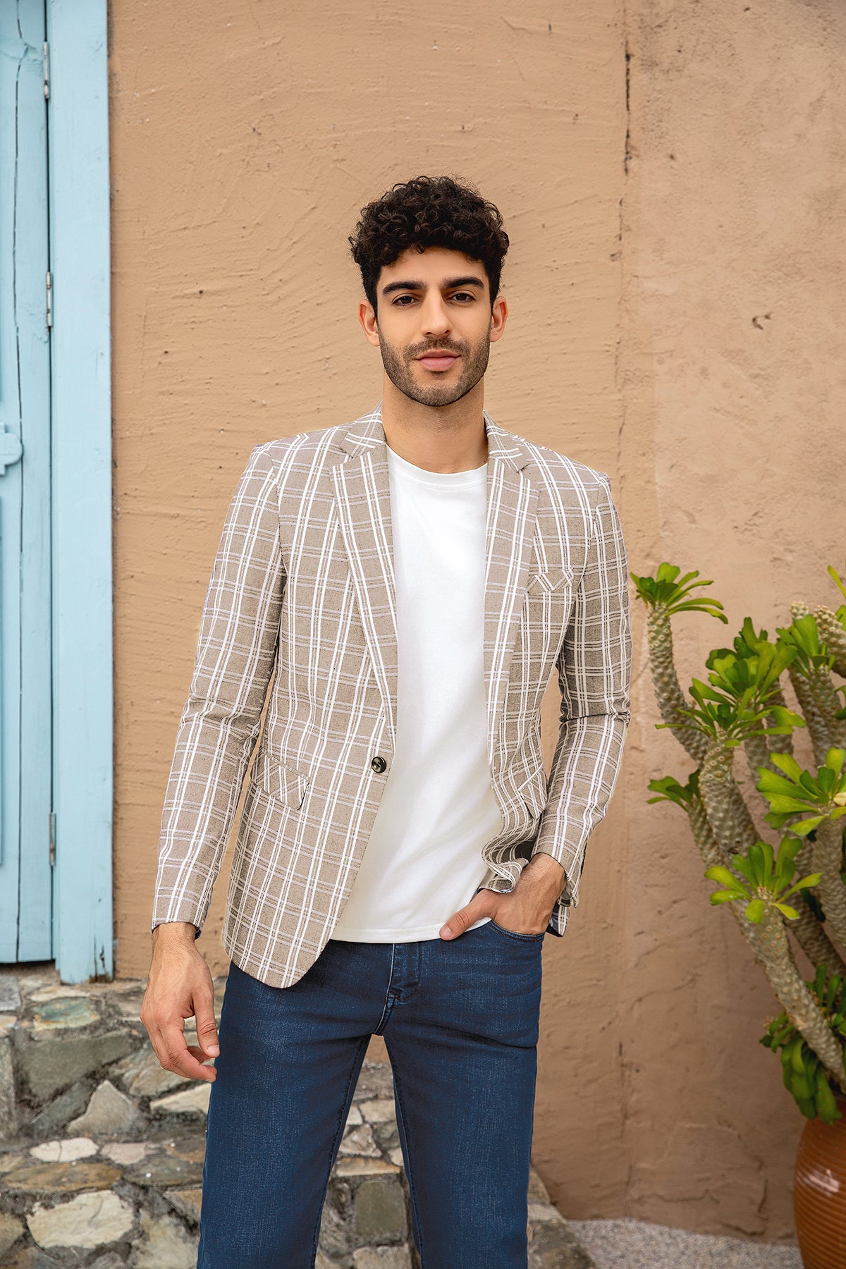 Light Khaki and White Check # Men's one-button plaid blazer with notch lapel and single-breasted closure, light khaki and white checkered sport coat jacket in soft cotton polyester blend for business, wedding, party and daily wear, isolated on white background.