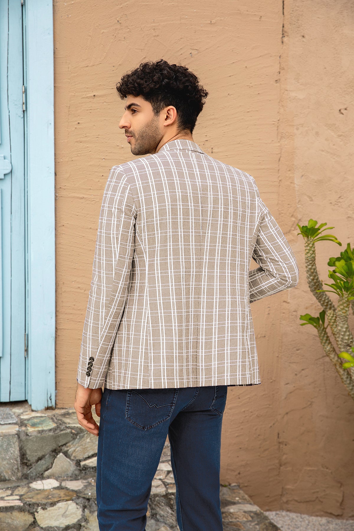 Light Khaki and White Check # Men's one-button plaid blazer with notch lapel and single-breasted closure, light khaki and white checkered sport coat jacket in soft cotton polyester blend for business, wedding, party and daily wear, isolated on white background.