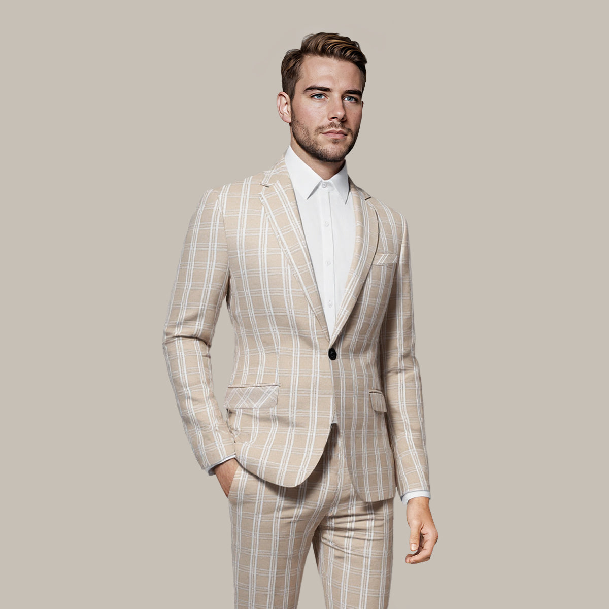 Light Khaki and White Check # Men's one-button plaid blazer with notch lapel and single-breasted closure, light khaki and white checkered sport coat jacket in soft cotton polyester blend for business, wedding, party and daily wear, isolated on white background.