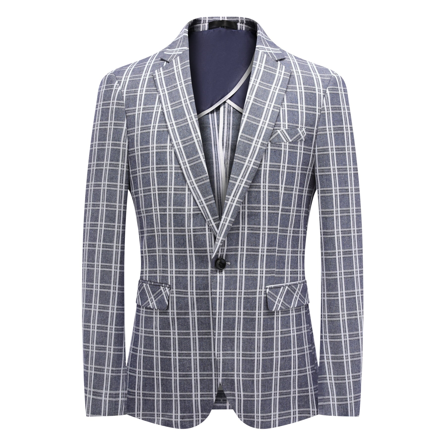 Navy # Men's one-button navy and white check plaid blazer, notch lapel sport coat jacket with classic windowpane pattern, breathable cotton polyester blend for daily business, office, wedding and party wear, isolated on white background.