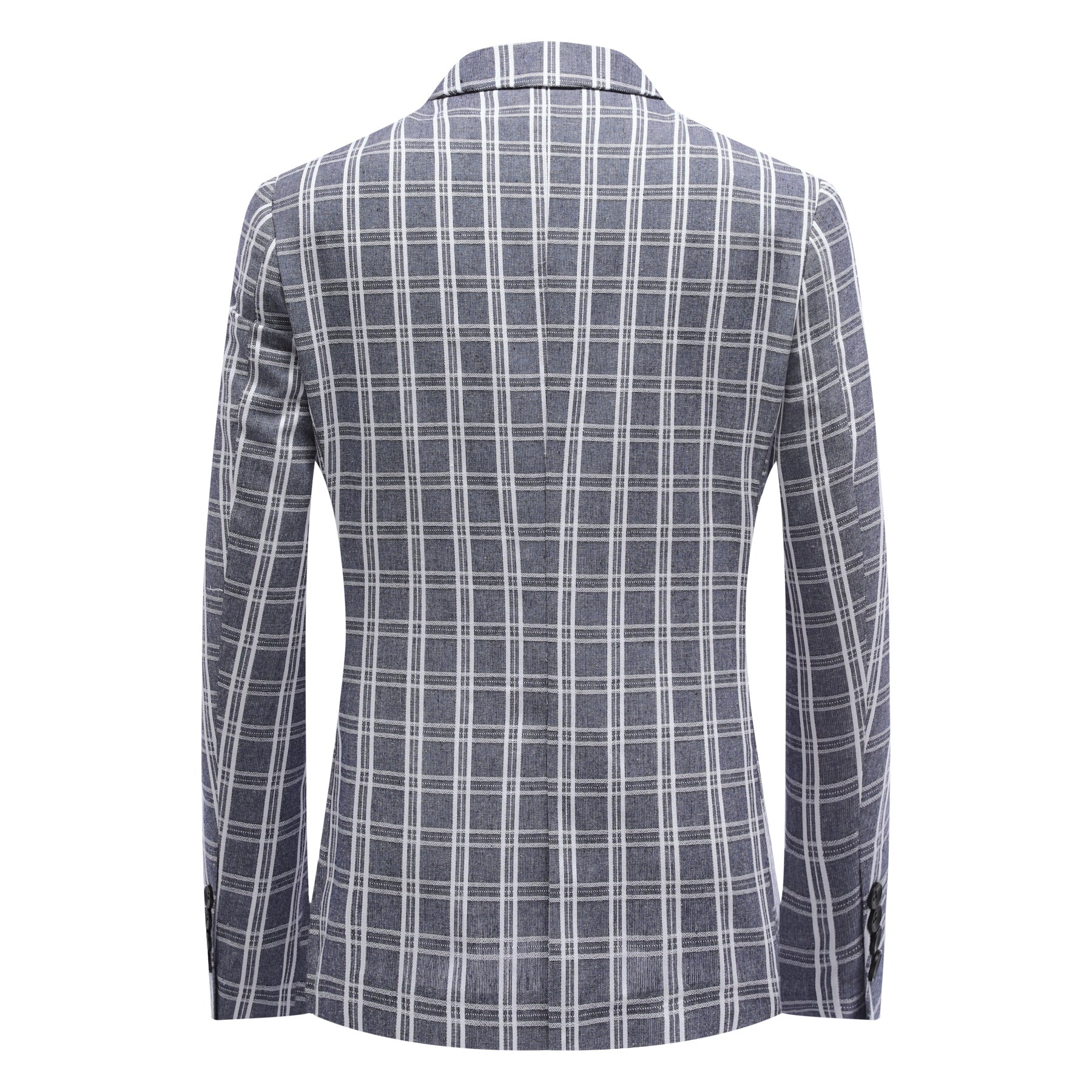 Navy # Men's one-button navy and white check plaid blazer, notch lapel sport coat jacket with classic windowpane pattern, breathable cotton polyester blend for daily business, office, wedding and party wear, isolated on white background.