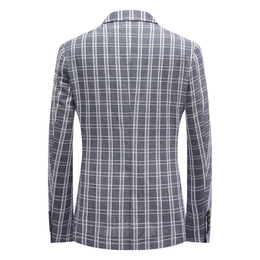 Navy # Men's one-button navy and white check plaid blazer, notch lapel sport coat jacket with classic windowpane pattern, breathable cotton polyester blend for daily business, office, wedding and party wear, isolated on white background.