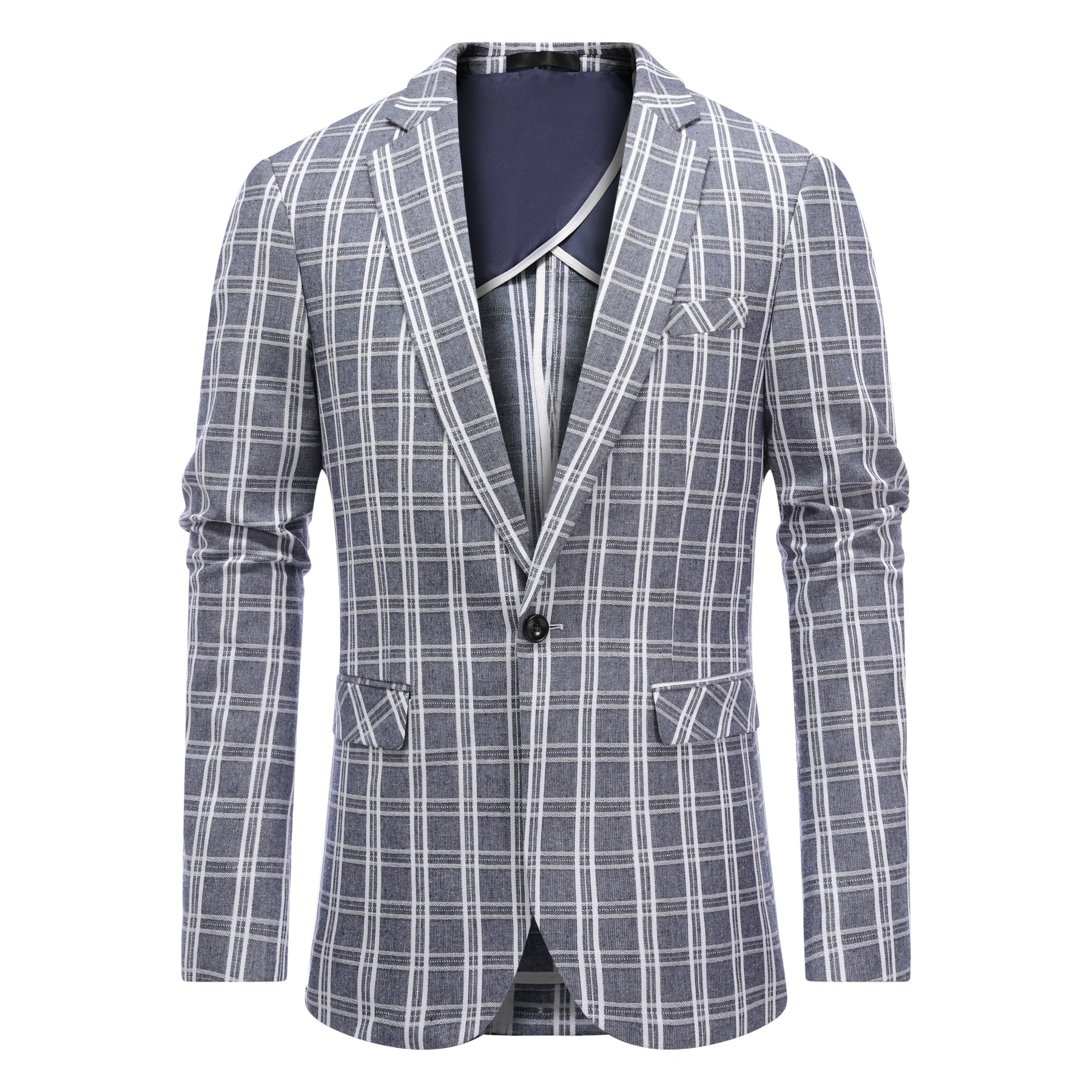 Navy # Men's one-button navy and white check plaid blazer, notch lapel sport coat jacket with classic windowpane pattern, breathable cotton polyester blend for daily business, office, wedding and party wear, isolated on white background.