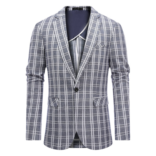 Navy # Men's one-button navy and white check plaid blazer, notch lapel sport coat jacket with classic windowpane pattern, breathable cotton polyester blend for daily business, office, wedding and party wear, isolated on white background.