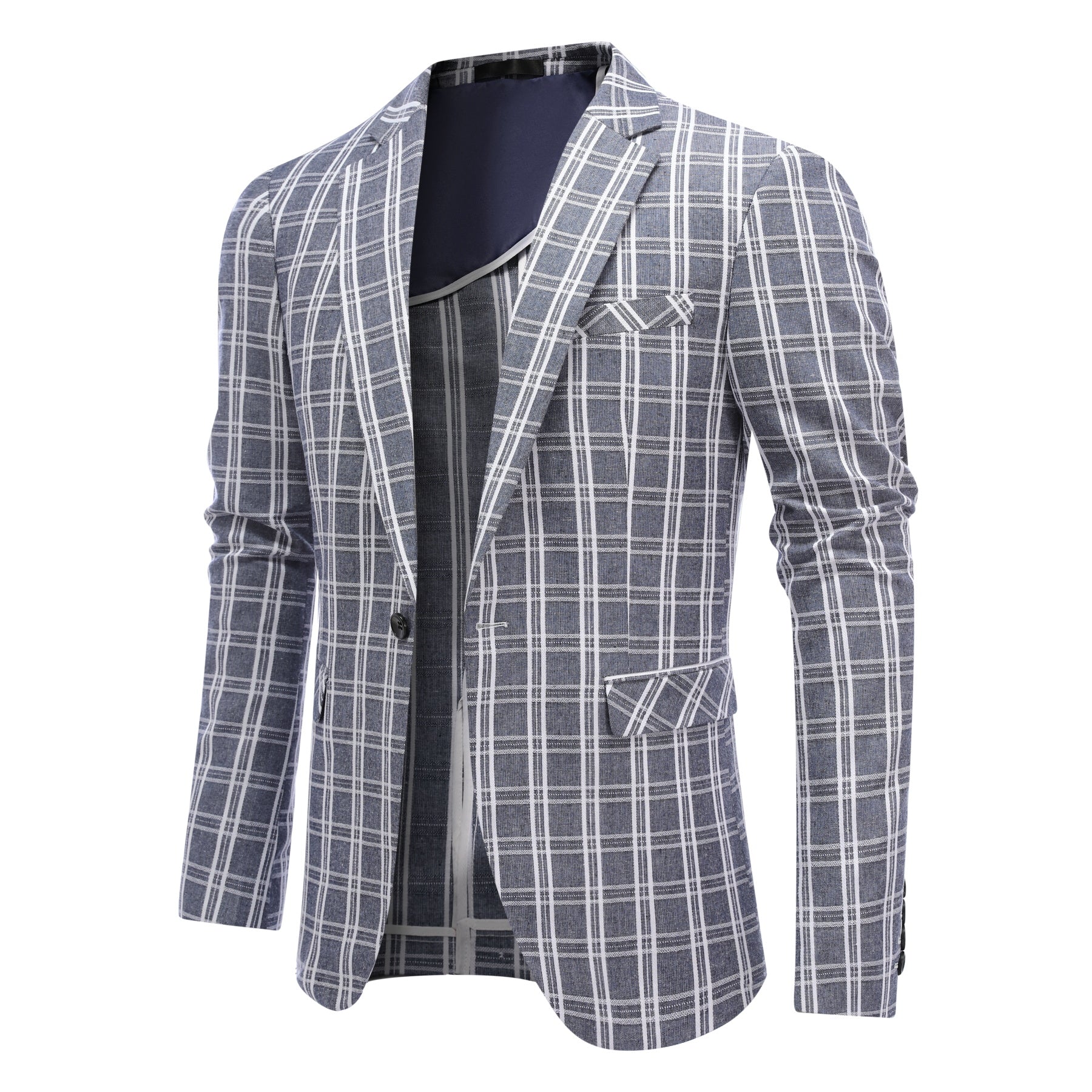 Navy # Men's one-button navy and white check plaid blazer, notch lapel sport coat jacket with classic windowpane pattern, breathable cotton polyester blend for daily business, office, wedding and party wear, isolated on white background.