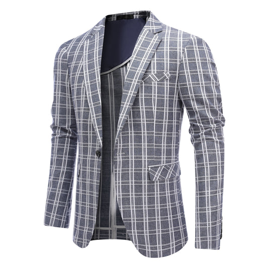 Navy # Men's one-button navy and white check plaid blazer, notch lapel sport coat jacket with classic windowpane pattern, breathable cotton polyester blend for daily business, office, wedding and party wear, isolated on white background.