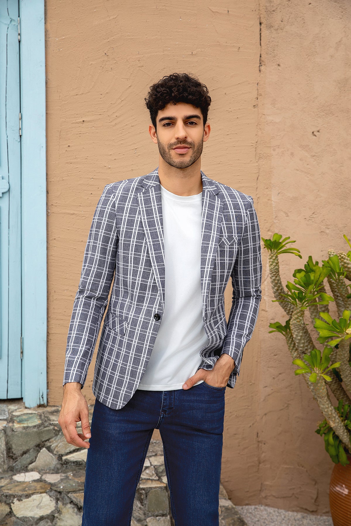 Navy # Men's one-button navy and white check plaid blazer, notch lapel sport coat jacket with classic windowpane pattern, breathable cotton polyester blend for daily business, office, wedding and party wear, isolated on white background.