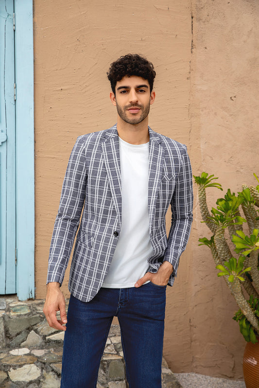 Navy # Men's one-button navy and white check plaid blazer, notch lapel sport coat jacket with classic windowpane pattern, breathable cotton polyester blend for daily business, office, wedding and party wear, isolated on white background.
