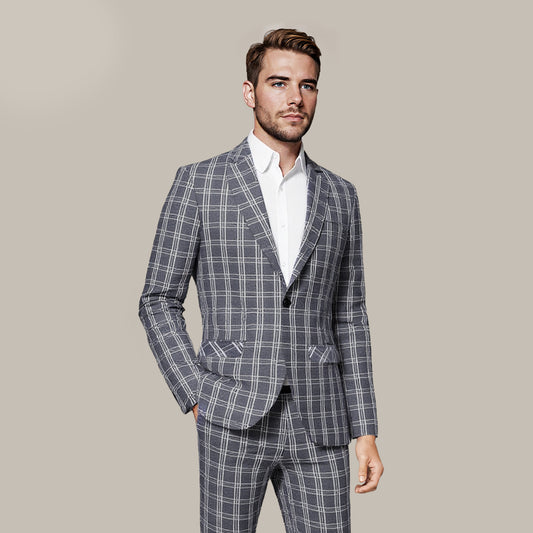 Navy # Men's one-button navy and white check plaid blazer, notch lapel sport coat jacket with classic windowpane pattern, breathable cotton polyester blend for daily business, office, wedding and party wear, isolated on white background.