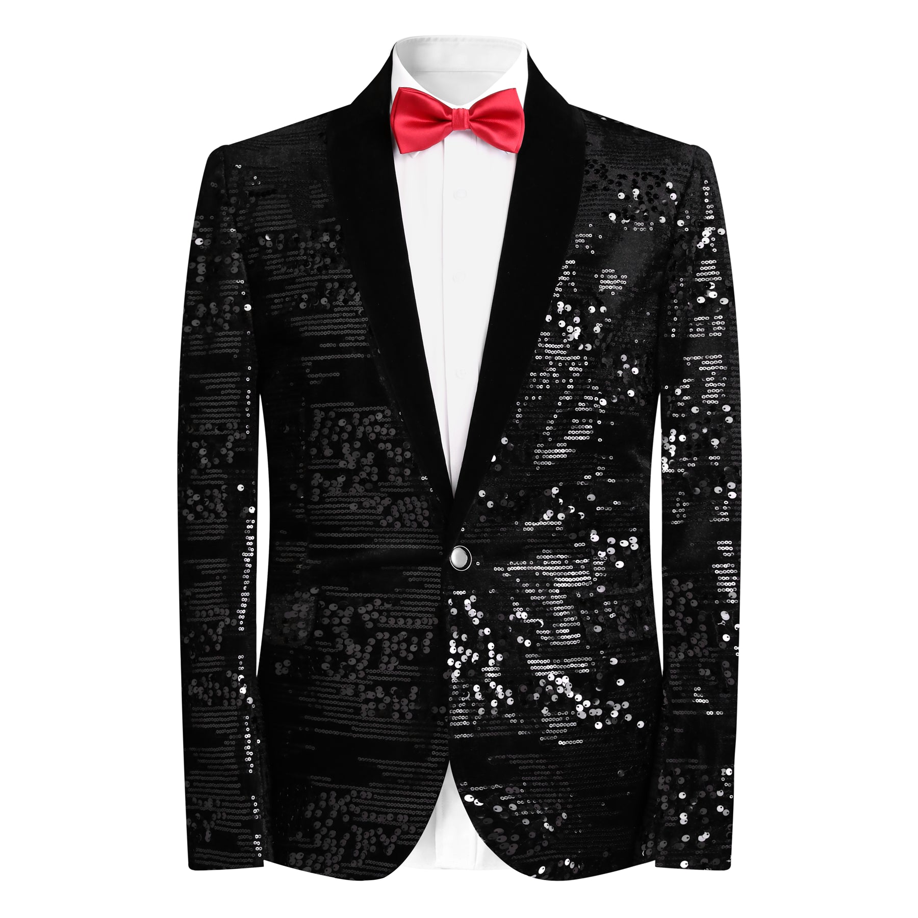Black # Men's shiny sequin suit jacket with velvet shawl lapel and one-button closure, tailored-fit tuxedo blazer with sparkling black sequins for dinner party, prom, cocktail, wedding, and stage performance, isolated on white background.