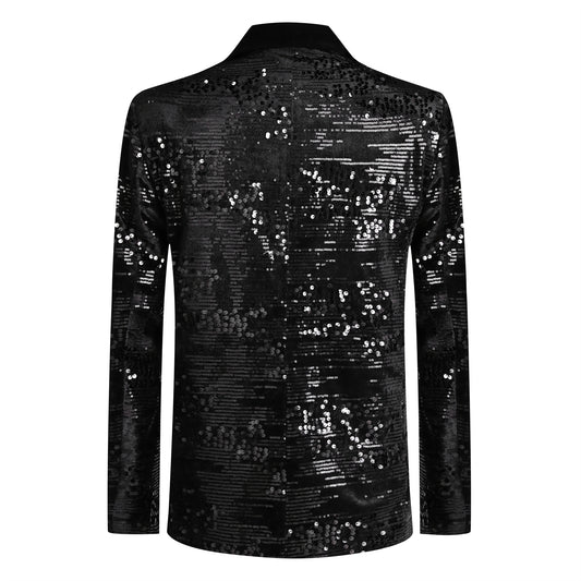 Black # Men's shiny sequin suit jacket with velvet shawl lapel and one-button closure, tailored-fit tuxedo blazer with sparkling black sequins for dinner party, prom, cocktail, wedding, and stage performance, isolated on white background.