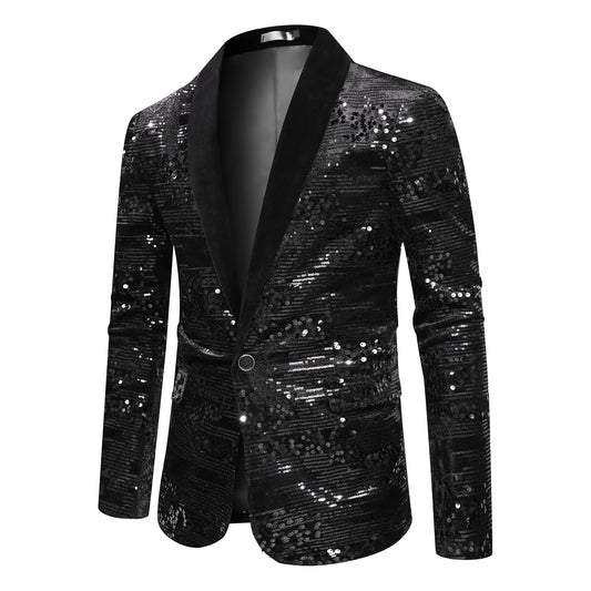 Black # Men's shiny sequin suit jacket with velvet shawl lapel and one-button closure, tailored-fit tuxedo blazer with sparkling black sequins for dinner party, prom, cocktail, wedding, and stage performance, isolated on white background.