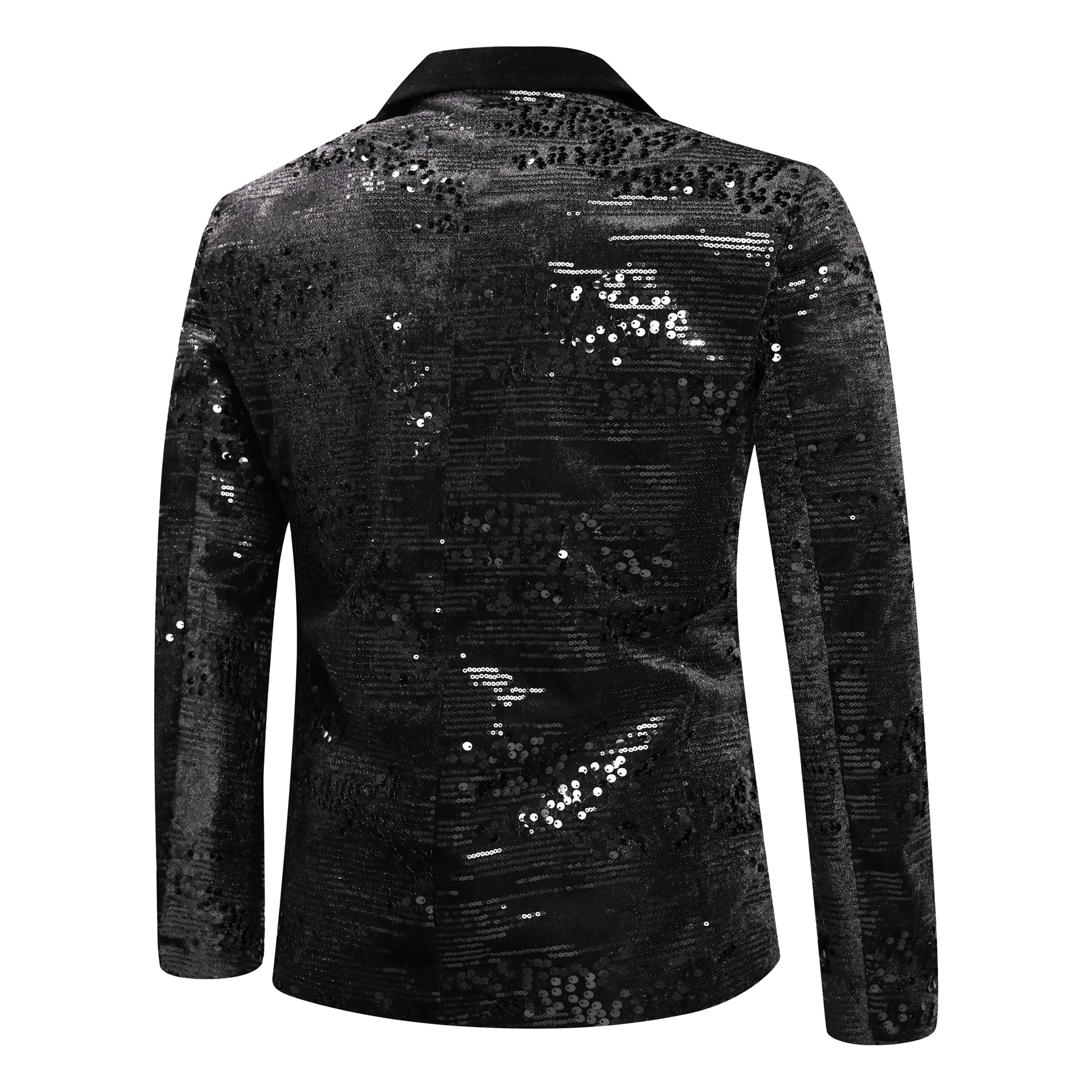 Black # Men's shiny sequin suit jacket with velvet shawl lapel and one-button closure, tailored-fit tuxedo blazer with sparkling black sequins for dinner party, prom, cocktail, wedding, and stage performance, isolated on white background.
