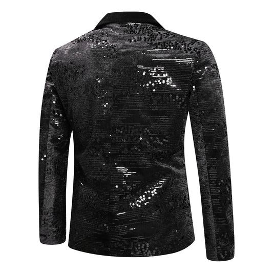 Black # Men's shiny sequin suit jacket with velvet shawl lapel and one-button closure, tailored-fit tuxedo blazer with sparkling black sequins for dinner party, prom, cocktail, wedding, and stage performance, isolated on white background.