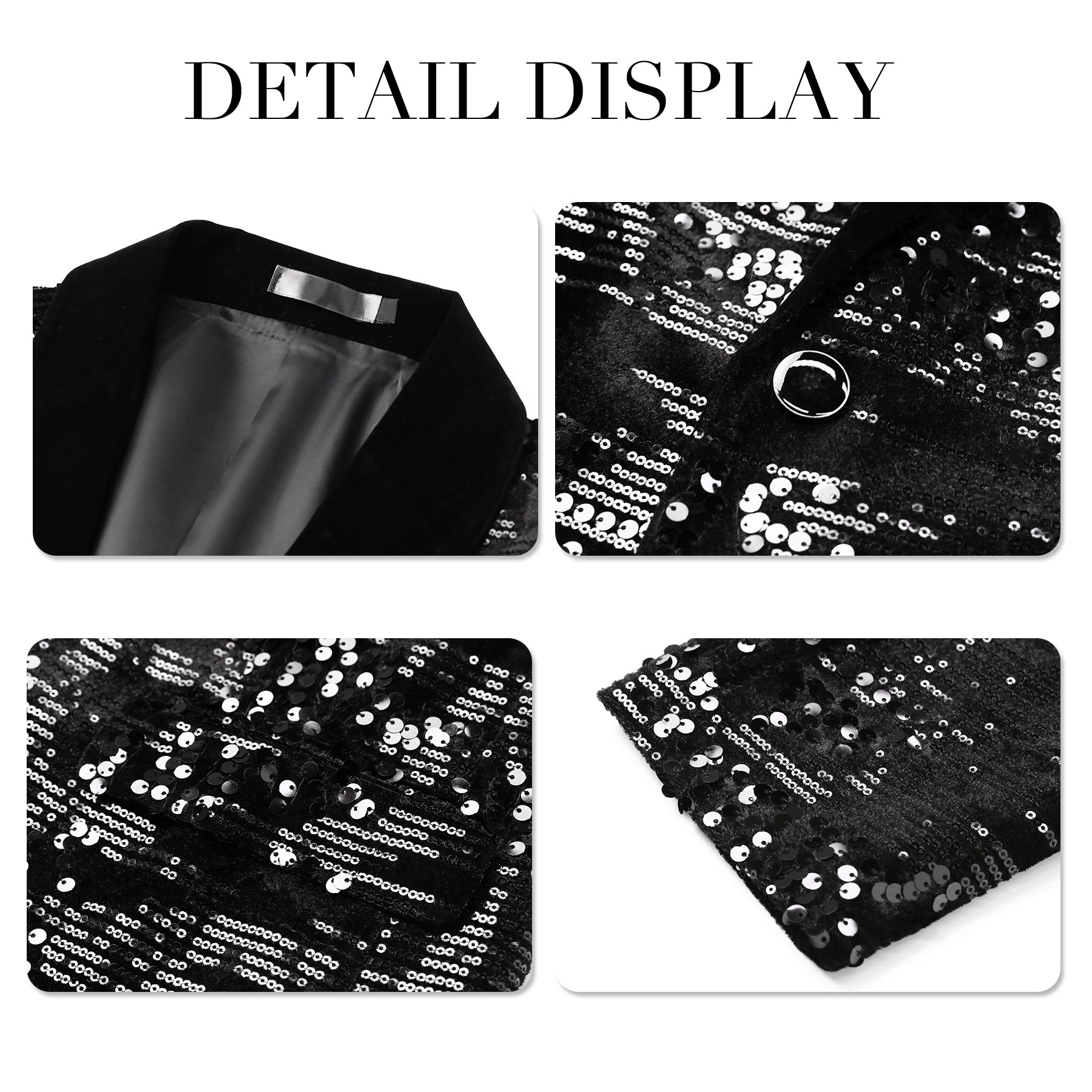 Black # Men's shiny sequin suit jacket with velvet shawl lapel and one-button closure, tailored-fit tuxedo blazer with sparkling black sequins for dinner party, prom, cocktail, wedding, and stage performance, isolated on white background.