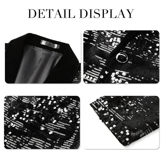 Black # Men's shiny sequin suit jacket with velvet shawl lapel and one-button closure, tailored-fit tuxedo blazer with sparkling black sequins for dinner party, prom, cocktail, wedding, and stage performance, isolated on white background.