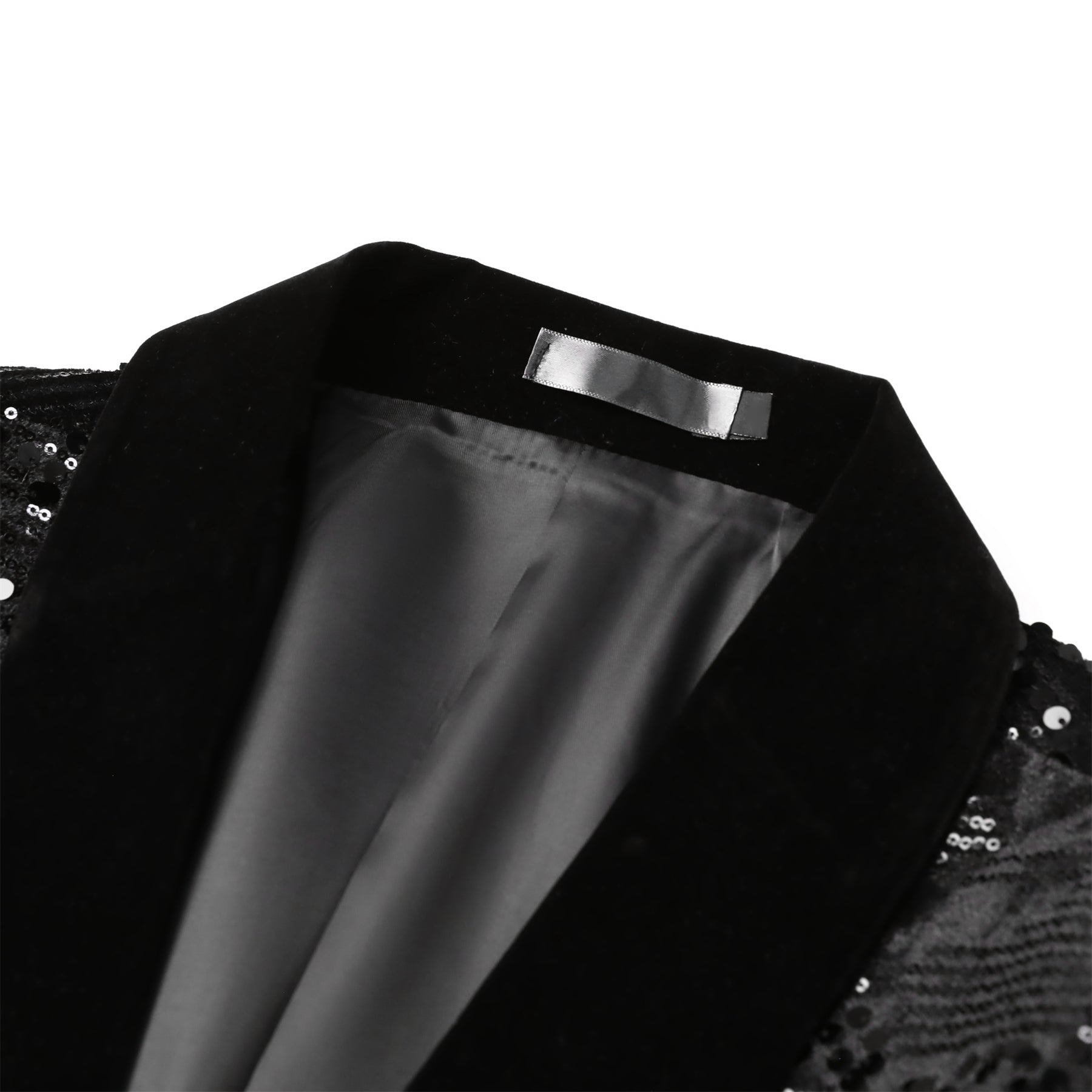 Black # Men's shiny sequin suit jacket with velvet shawl lapel and one-button closure, tailored-fit tuxedo blazer with sparkling black sequins for dinner party, prom, cocktail, wedding, and stage performance, isolated on white background.