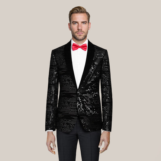 Black # Men's shiny sequin suit jacket with velvet shawl lapel and one-button closure, tailored-fit tuxedo blazer with sparkling black sequins for dinner party, prom, cocktail, wedding, and stage performance, isolated on white background.