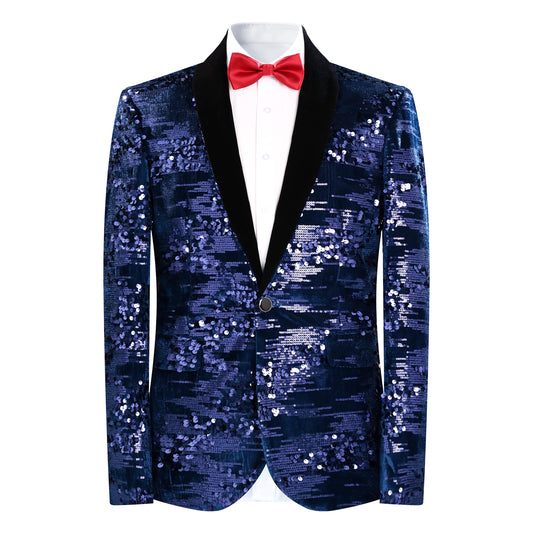 Blue # Men's shiny sequin suit jacket with velvet shawl lapel and one-button closure, tailored-fit tuxedo blazer with sparkling blue sequins for dinner party, prom, cocktail, wedding, and stage performance, isolated on white background.