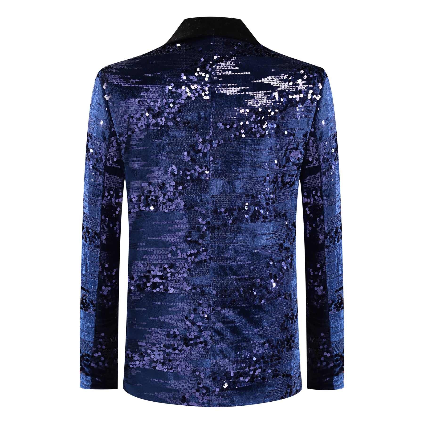 Blue # Men's shiny sequin suit jacket with velvet shawl lapel and one-button closure, tailored-fit tuxedo blazer with sparkling blue sequins for dinner party, prom, cocktail, wedding, and stage performance, isolated on white background.
