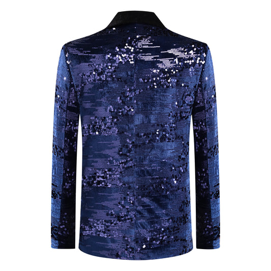 Blue # Men's shiny sequin suit jacket with velvet shawl lapel and one-button closure, tailored-fit tuxedo blazer with sparkling blue sequins for dinner party, prom, cocktail, wedding, and stage performance, isolated on white background.