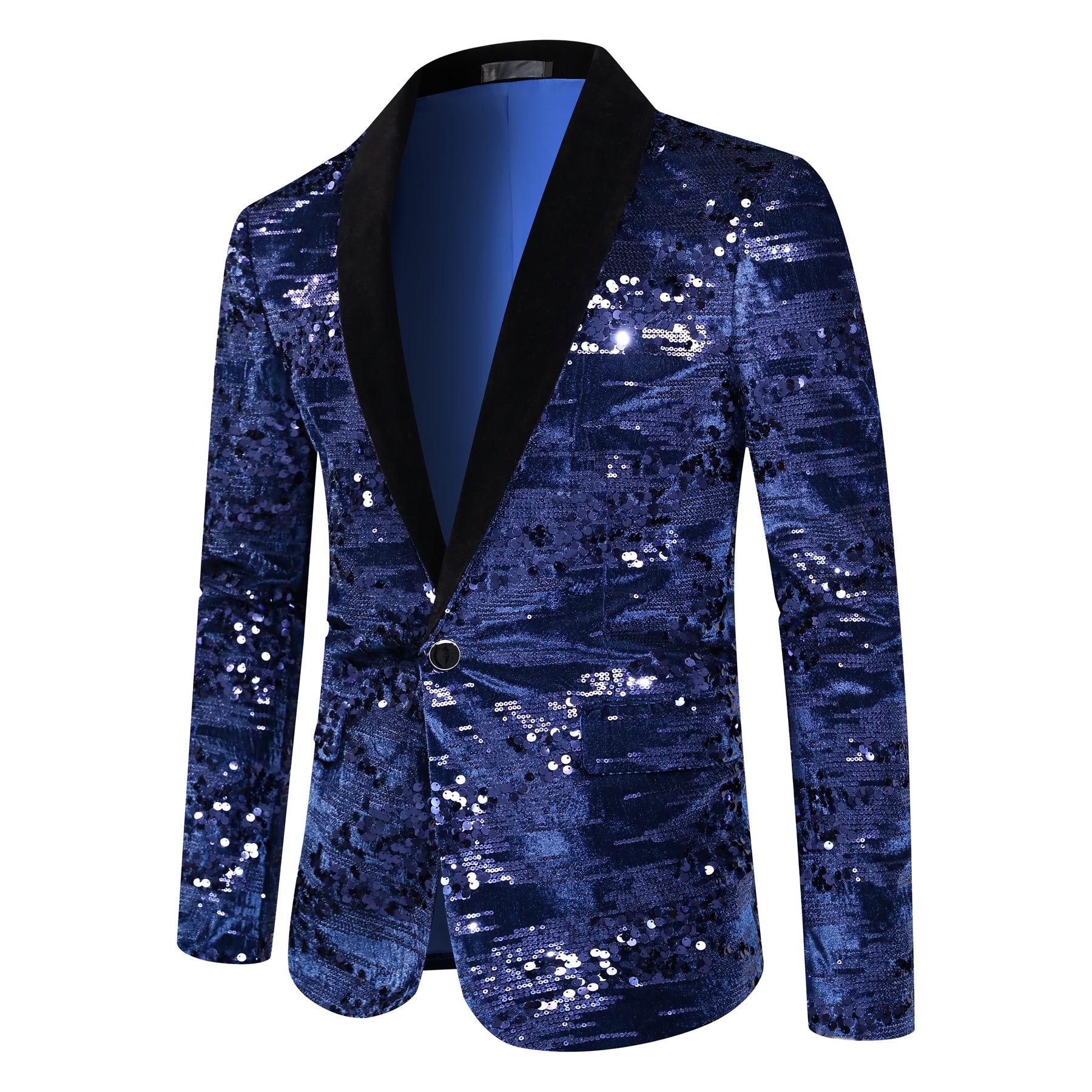 Blue # Men's shiny sequin suit jacket with velvet shawl lapel and one-button closure, tailored-fit tuxedo blazer with sparkling blue sequins for dinner party, prom, cocktail, wedding, and stage performance, isolated on white background.