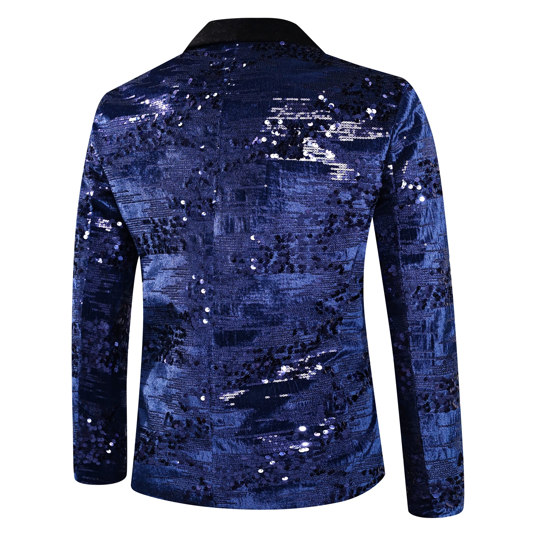 Blue # Men's shiny sequin suit jacket with velvet shawl lapel and one-button closure, tailored-fit tuxedo blazer with sparkling blue sequins for dinner party, prom, cocktail, wedding, and stage performance, isolated on white background.