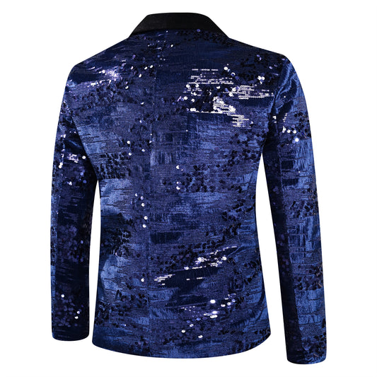 Blue # Men's shiny sequin suit jacket with velvet shawl lapel and one-button closure, tailored-fit tuxedo blazer with sparkling blue sequins for dinner party, prom, cocktail, wedding, and stage performance, isolated on white background.
