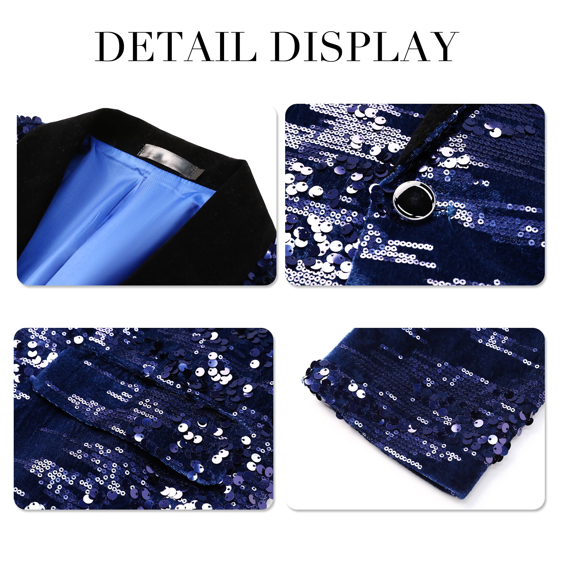 Blue # Men's shiny sequin suit jacket with velvet shawl lapel and one-button closure, tailored-fit tuxedo blazer with sparkling blue sequins for dinner party, prom, cocktail, wedding, and stage performance, isolated on white background.