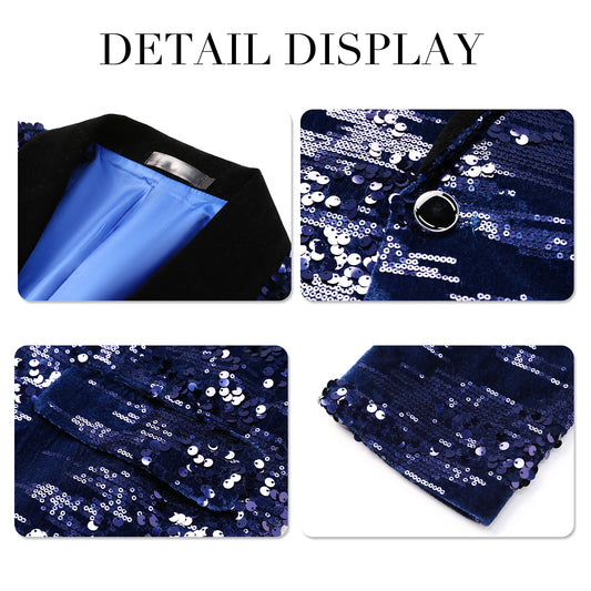 Blue # Men's shiny sequin suit jacket with velvet shawl lapel and one-button closure, tailored-fit tuxedo blazer with sparkling blue sequins for dinner party, prom, cocktail, wedding, and stage performance, isolated on white background.
