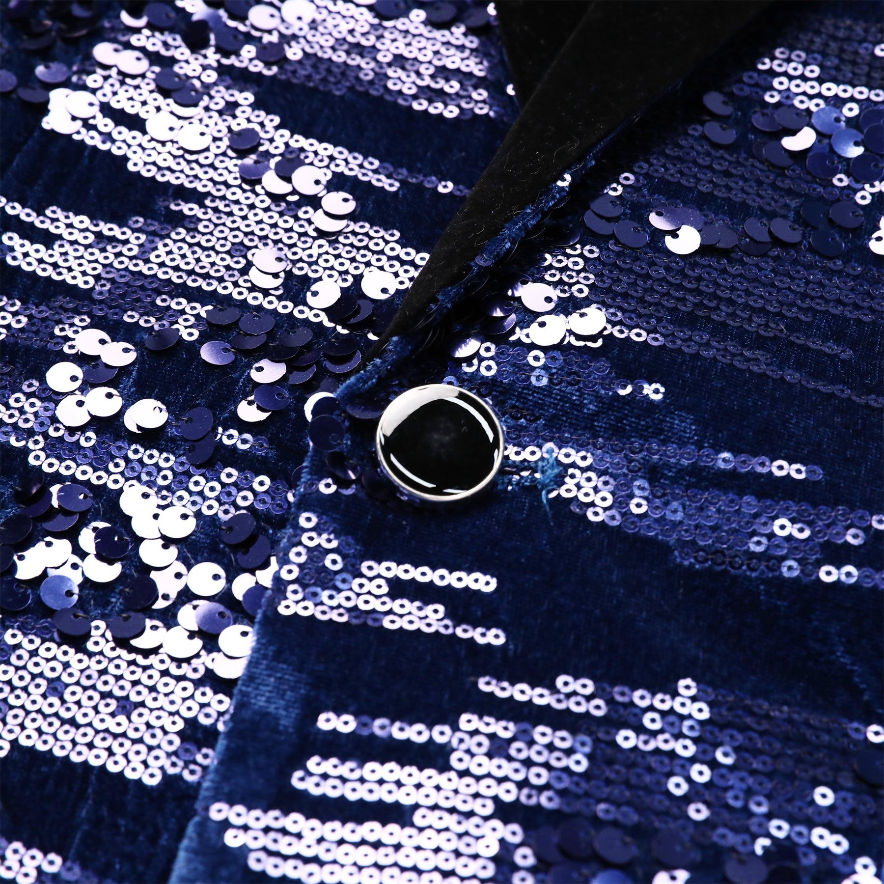 Blue # Men's shiny sequin suit jacket with velvet shawl lapel and one-button closure, tailored-fit tuxedo blazer with sparkling blue sequins for dinner party, prom, cocktail, wedding, and stage performance, isolated on white background.