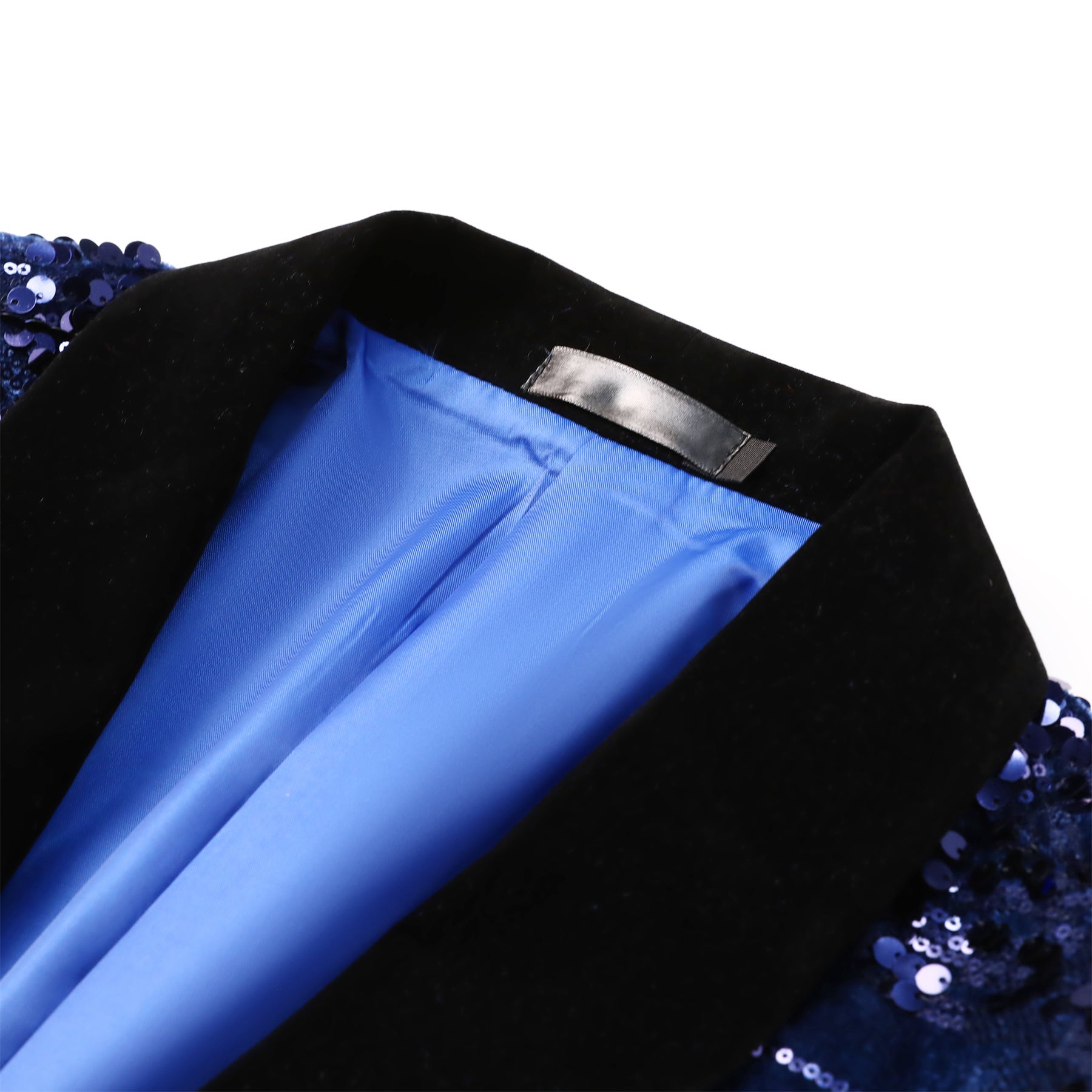 Blue # Men's shiny sequin suit jacket with velvet shawl lapel and one-button closure, tailored-fit tuxedo blazer with sparkling blue sequins for dinner party, prom, cocktail, wedding, and stage performance, isolated on white background.