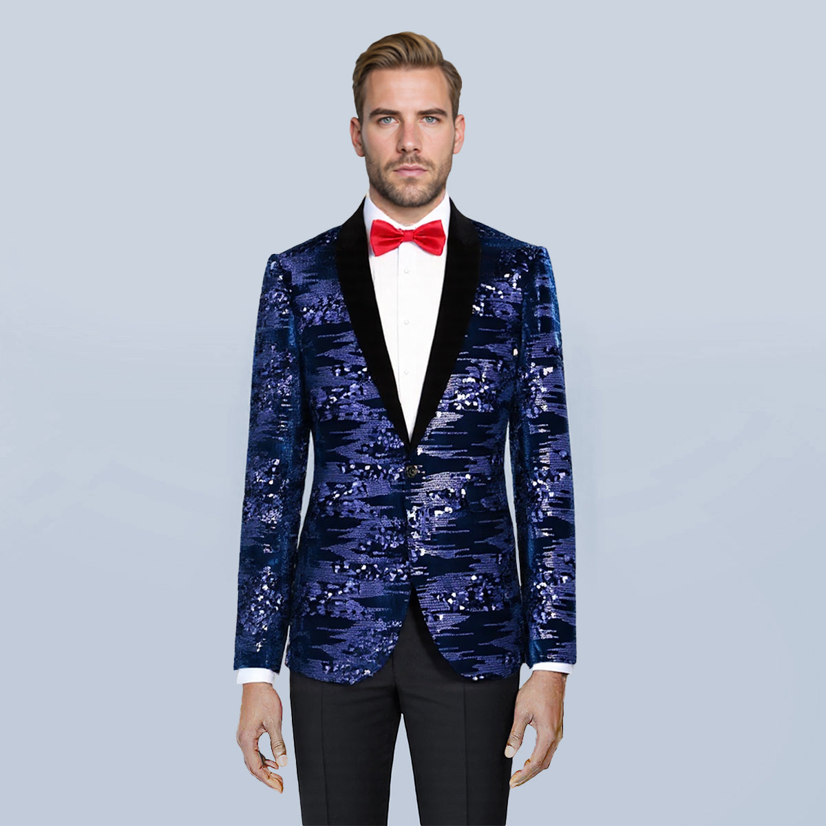 Blue # Men's shiny sequin suit jacket with velvet shawl lapel and one-button closure, tailored-fit tuxedo blazer with sparkling blue sequins for dinner party, prom, cocktail, wedding, and stage performance, isolated on white background.