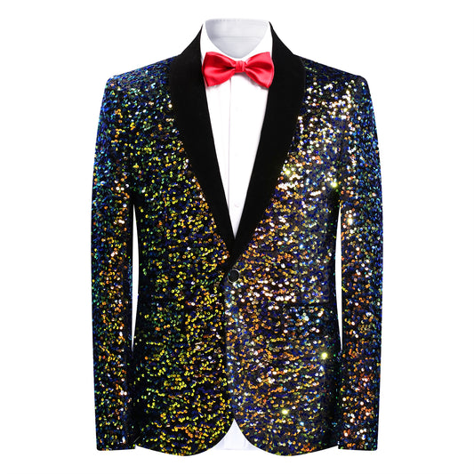 Multicolor # Men's shiny sequin suit jacket with velvet shawl lapel and one-button closure, tailored-fit tuxedo blazer with colorful sparkling sequins for dinner party, prom, cocktail, wedding, and stage performance, isolated on white background.